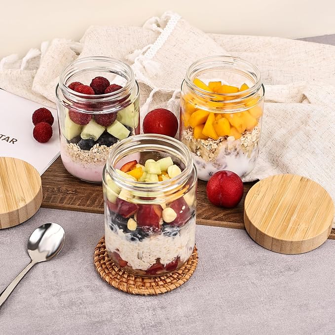 6-Pack 16oz Glass Storage Jars with Bamboo Lids – Airtight Wide Mouth Containers for Overnight Oats, Yogurt, Salad, Snacks & Pantry Storage-Reusable Glass Food Storage Containers