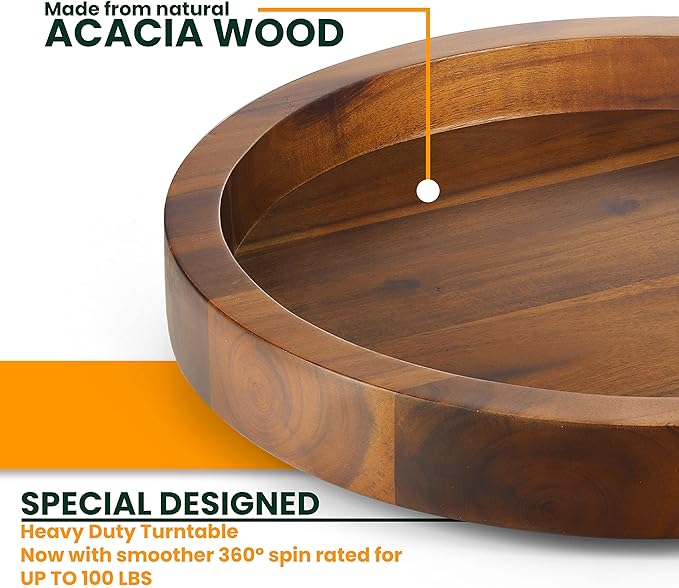 TIDTIA 13" Acacia Wood Lazy Susan Organizer for Cabinet - Round Lazy Susans Turntable for Countertop - Wooden Kitchen Rotating Storage Food Bin Container for Centerpiece Table, Spices, Pantry