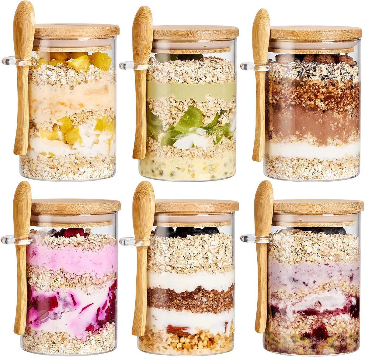 6 Pack Overnight Oats Containers with Bamboo Lids and Spoons - 22 oz Airtight Glass Jars with Lid, Meal Prep Jars for Chia Pudding, Yogurt, Salad, Cereal, Coffee, Flour | Food Storage Canister