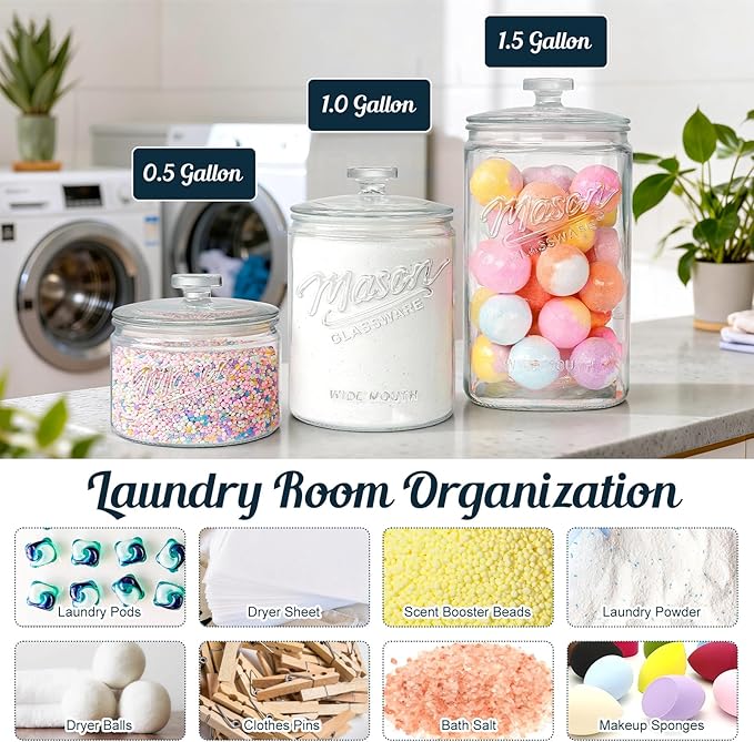 2 Pack 1 Gallon Glass Cookie Jar with Lid, Glass Canisters for Pantry Organizers & Storage, Wide Mouth Mason Jar for Flour Sugar, Sourdough Starter, Coffee, Dog Treat, Apothecary, Laundry Room