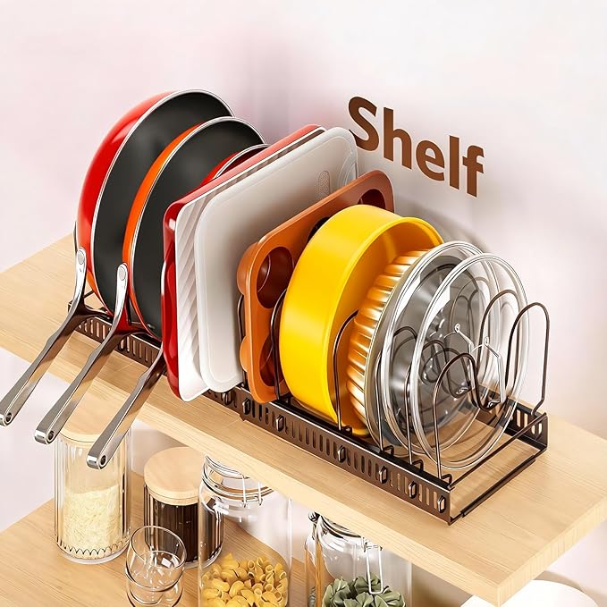 ORDORA Pots and Pans Organizer under Cabinet with Pan Holder: Expandable 11.8"-22.8" Kitchen Cabinet Organizer Rack, 12 Adjustable Dividers Storage for Cookie Sheets, Cutting Boards & Lid, Bronze