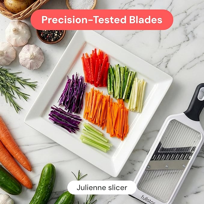Fullstar 2-in-1 Handheld Mandoline Slicer for Kitchen - 4 Thickness Settings Vegetable Food Onion Slicer, Julienne Blade, Stainless Steel Guard, Easy to Use, Sharp Blades, Veggie Slicer & Fruit Cutter