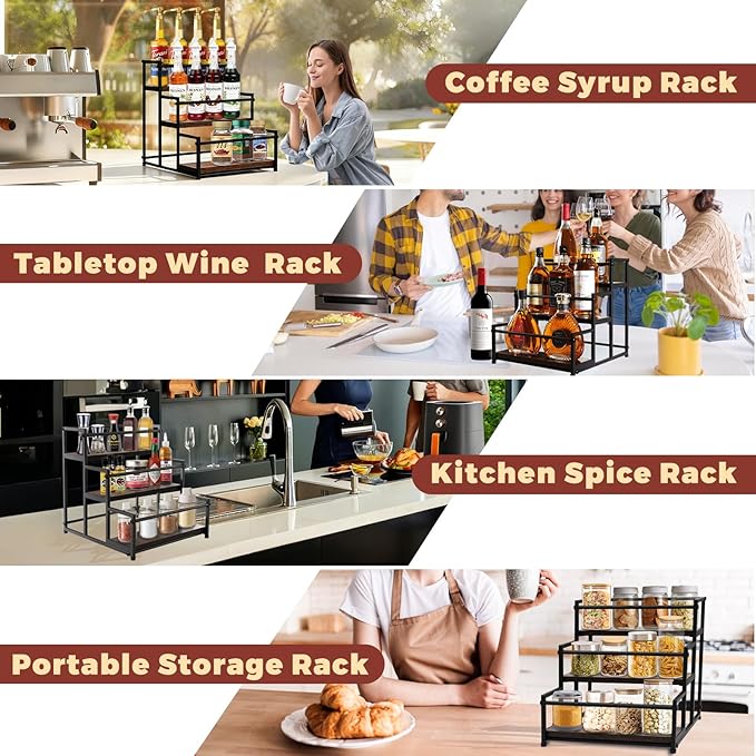 Coffee Syrup Rack Organizer - Metal Bottle Holder for 12 Bottles – Rustic Countertop Display Shelf for Coffee Bar, Kitchen Cabinet, Pantry Storage for Syrups, Liquor, Spice, Tea & Wine (3-Tier)