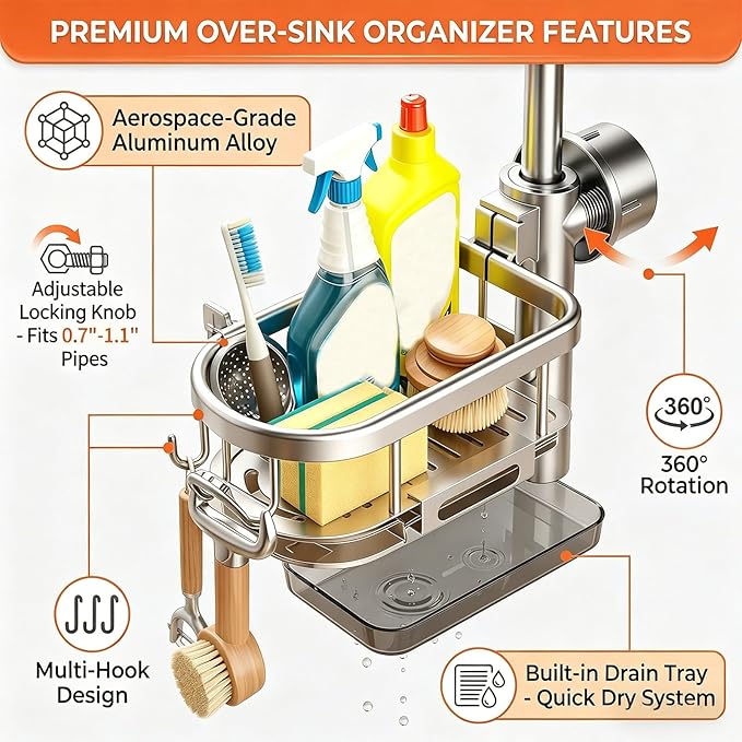 Sink Caddy for Kitchen Sink, Sponge Holder Over Faucet Organizer with Drain Tray Hook, Space Aluminum Fits 0.7-1.1" Round Pipes (Grey Left A)