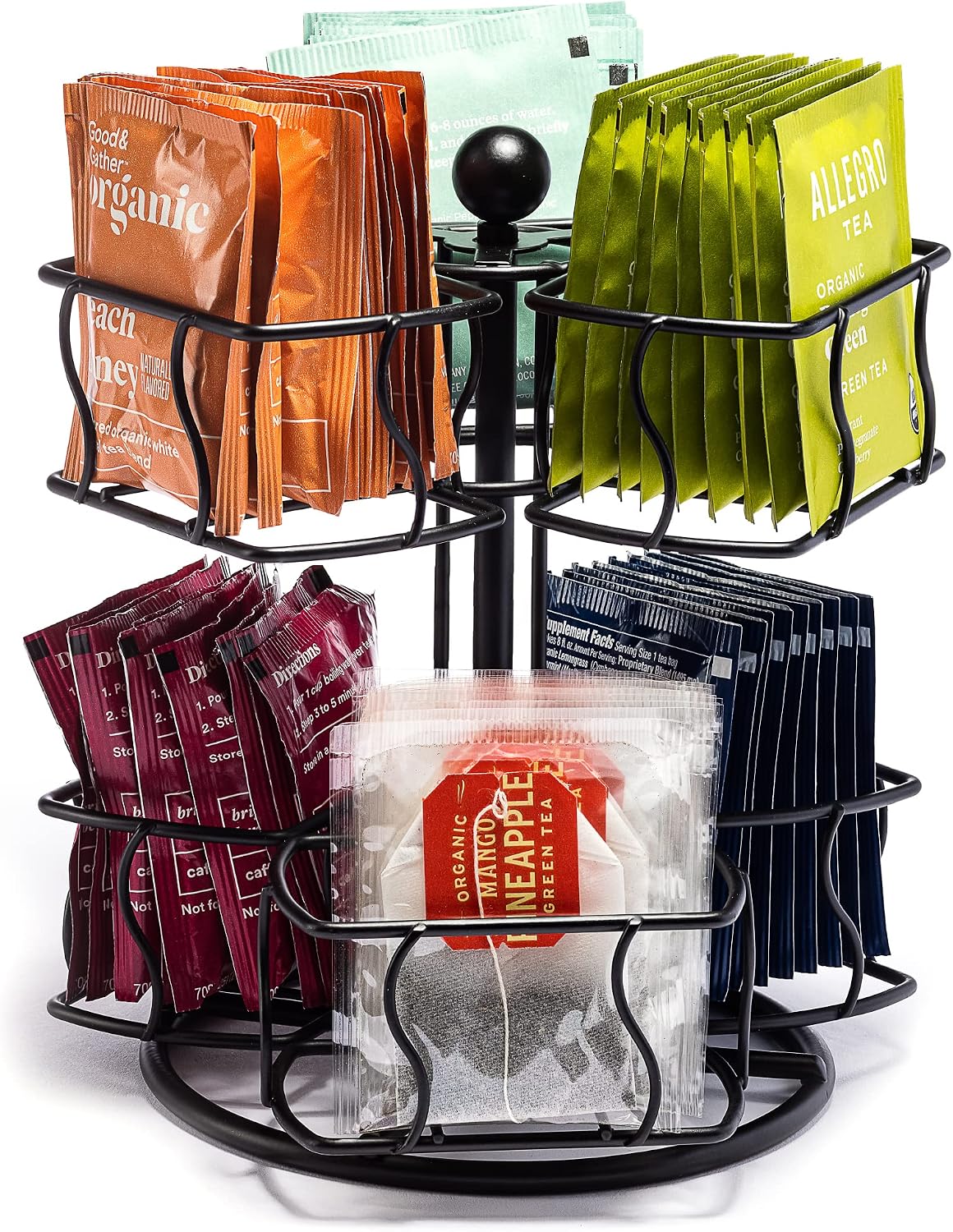 Tea Bag Organizer, 2-Tier Spinning Carousel for 60 Tea Bags (Black)