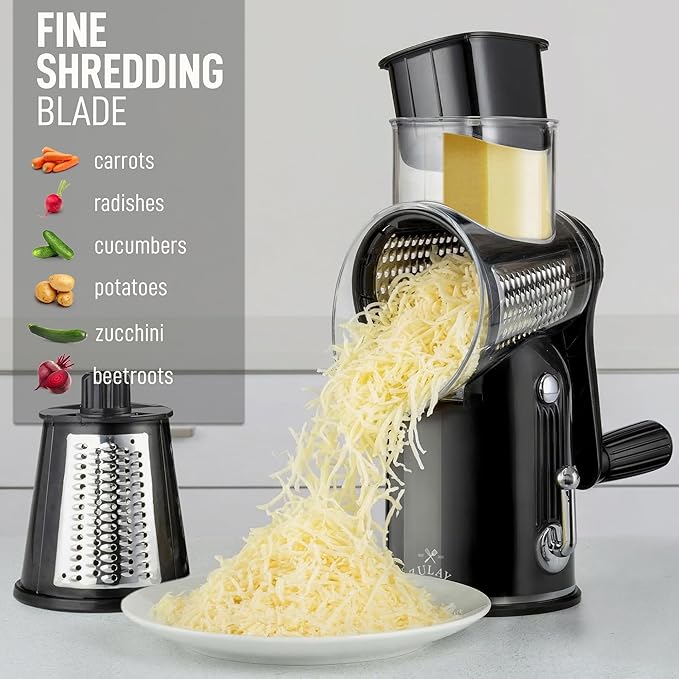 Zulay Kitchen Rotary Cheese Grater 5 Blade Cheese Shredder - Manual Hand Crank Cheese Grater With Reinforced Suction & 5 Interchangeable Drums - Easy to Use, Vegetable Chopper Round Mandoline Slicer