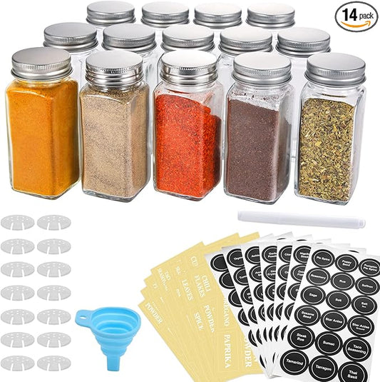 14 Pcs Glass Spice Jars with Spice Labels, 4oz Empty Square Spice Bottles