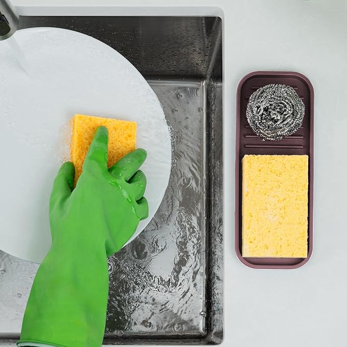 Zulay Kitchen (9x3.5) Silicone Sponge Holder for Kitchen Sink - Flexible Multipurpose Soap Tray - Sink Organizer for Kitchen, Bathroom, Makeup, Trinkets & More (Dark Mahogany)