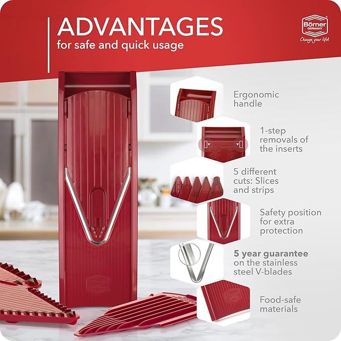 BORNER V Mandoline Slicer Kitchen V1 ClassicLine Starter Set | Vegetable Grater Börner - Quality Made in Germany, Color:Red