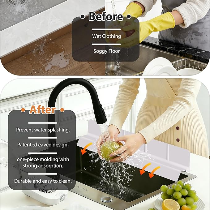 23Inch Sink Splash Guard – Extended Length & Tall Silicone Kitchen Sink Splash Guard with Overhang Drainage Design & Strong Suction Cups for Countertop (Light Pink, 23''x3.5'')