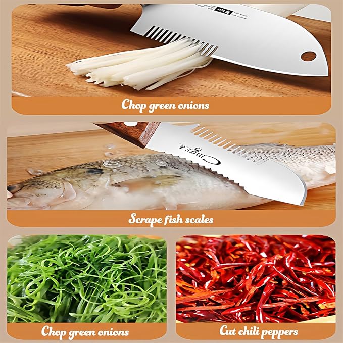 Julienne Slicer Stainless Steel Onion Cutter Scallion Shredder, Vegetable Chopper with Comb Teeth, Kitchen Gadgets (Wooden Handle)