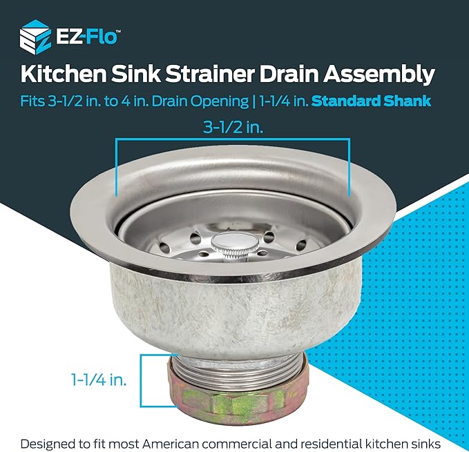 EZ-FLO Double Cup Kitchen Sink Strainer Drain Assembly, 3-1/2 to 4 Inch Opening, 1-1/4 Inch Standard Shank, Stainless Steel, 30017