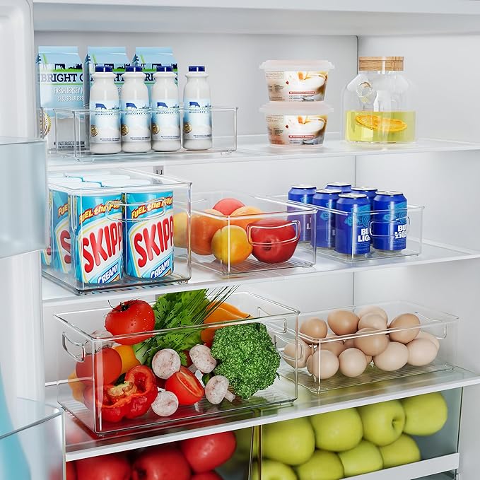 Heyuzb 8 PACK Freezer Organizer Bins Fridge Organizers and Storage Stackable Refrigerator Organizers Bins with Side Handles Clear Storage Bins for Pantry, Under Sink, Kitchen Cabinet