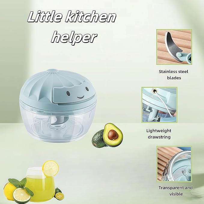 Manual Food Processor Vegetable Chopper, Mini Hand Pull String Garlic Chopper Onion Cutter for Veggies, Ginger, Fruits, Nuts, Avocado, garlic etc., Food Safe Material, 160ml (blue)