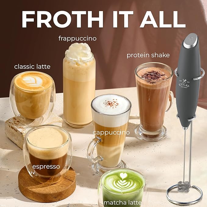 Zulay Kitchen Powerful Milk Frother Wand With Duracell Batteries - Ultra Fast Handheld Drink Mixer - Electric Whisk Foam Maker for Coffee, Lattes, Cappuccino & Matcha - Triple Whisk - Onyx Slate