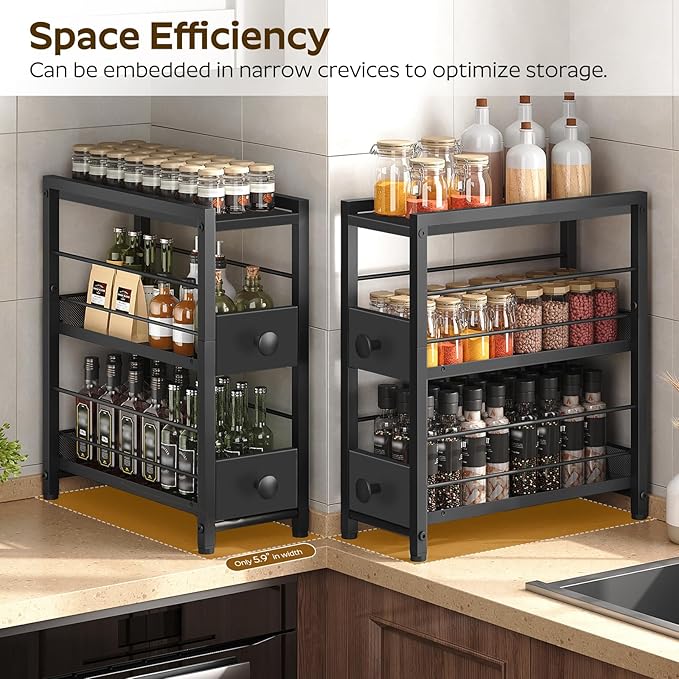 YATINEY Spice Rack, 3-Tier Pull Out Spice Rack Organizer for Countertop, Narrow Kitchen Countertop Storage Shelf with 2 Drawers, for Kitchen, Cafe, Black SR02BB