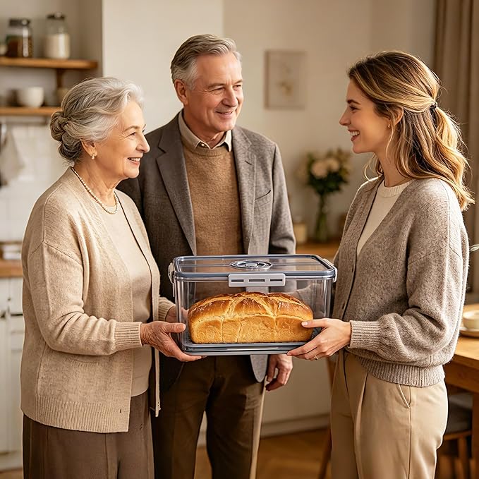 Bread Box Bread Boxes with Lid for Kitchen Counter, Airtight Loaf Bread Storage Container,Large Time Recording Bread Keeper for Homemade Bread, Toast, Bagel, Donut and Cookies ,Gifts for Mom Dad