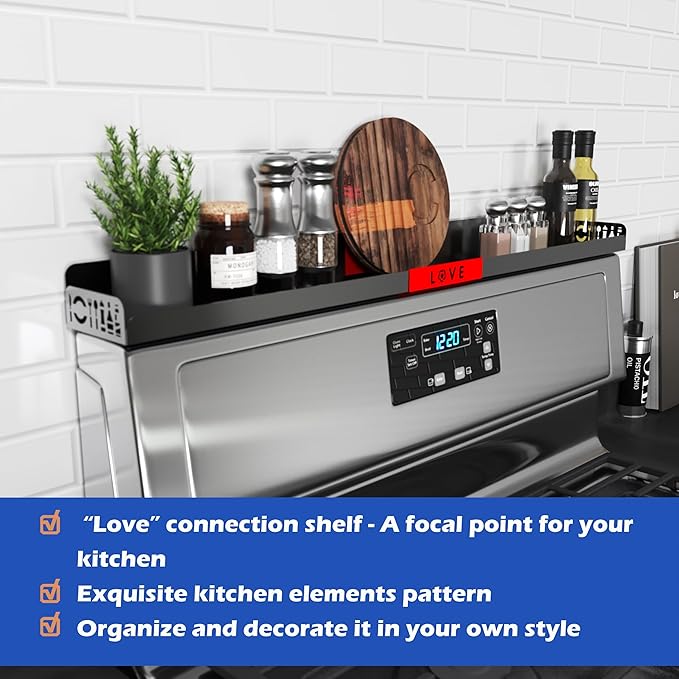 STUTOV 30" Magnetic Stove Top Shelf – Black Spice Rack with Red LOVE Design – Seasoning Organizer for Back of Stove – Over Stove Rack and Kitchen Storage Shelf