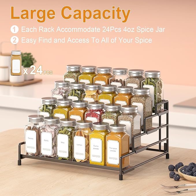 RUILALIFE 4-Tier-Spice-Rack-Organizer-for-Cabinet, Adjustable Depth Spice Holder Shelf For Countertop Pantry Cupboard, Metal Tiered Seasoning Organizer,Display Shelf Riser (Black-1 Pack)