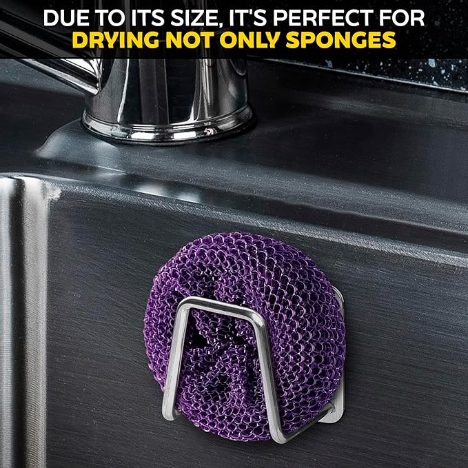 Stainless Steel Sponge Holder for Kitchen Sink, Saves Counter Space – Compact Quick-Dry Kitchen Sink Sponge Holder – Easy Adhesive Install, Rust-Resistant | Fits Metal, Glass, Ceramic, Wood & Tile
