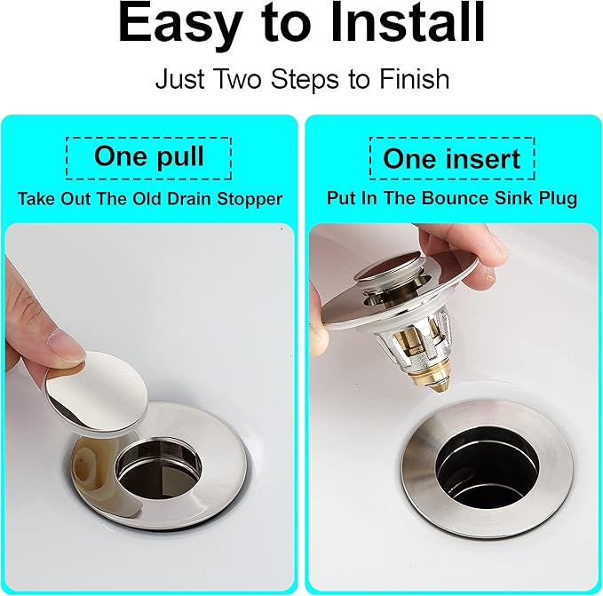Universal Bathroom Sink Stopper - Bounce Wash Basin Drain Filter, Brushed Nickel Pop Up Drain Stopper, Bullet Core Push Type Sink Stopper, Sink Drain Plug with Anti-Clogging Strainer, for 1.1-1.5 inch