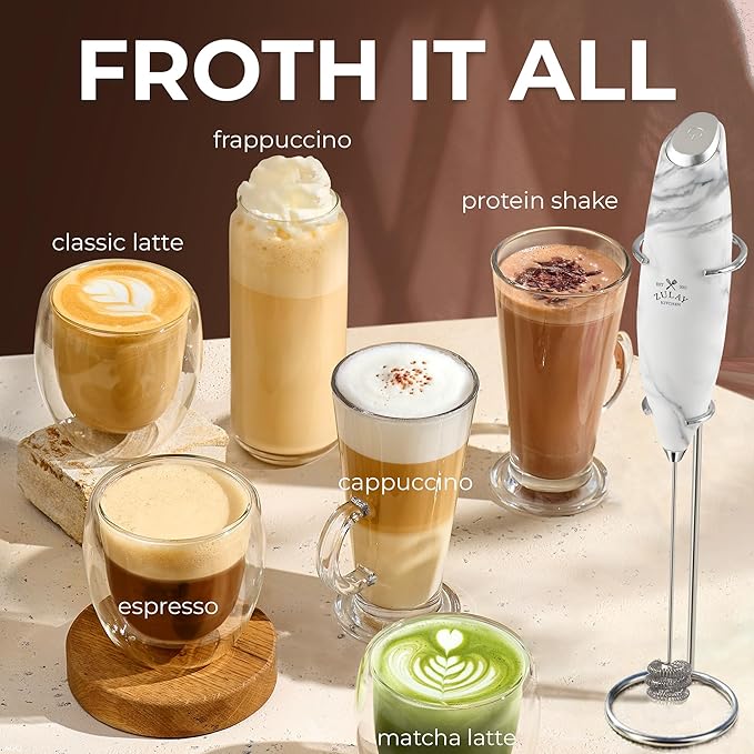 Zulay Kitchen Powerful Milk Frother Wand With Duracell Batteries - Ultra Fast Handheld Drink Mixer - Electric Whisk Foam Maker for Coffee, Lattes, Cappuccino & Matcha - Triple Whisk - Onyx Marble