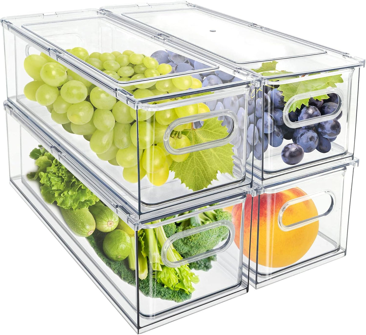 Fridge Drawer Pull Out Stackable Bins with Handle Clear Refrigerator Drawers Organizer Food Storage Container Box Plastic Produce Saver for Pantry, Cabinet, Kitchen, Clothes（4Pack）