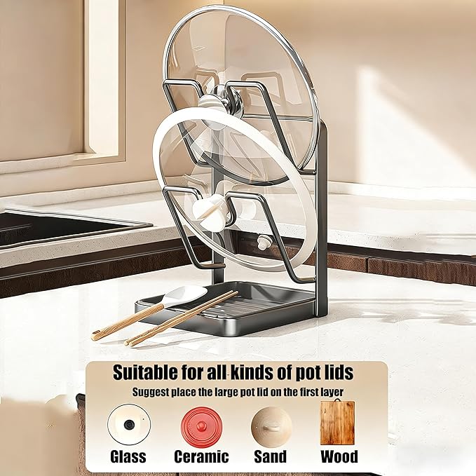Pot Lid Organizer Rack, Stainless Steel Kitchen Pot Lid Holder & Storage Rack with Drip Tray & Spoon Rest for Countertop Stove Cooking (Gray)