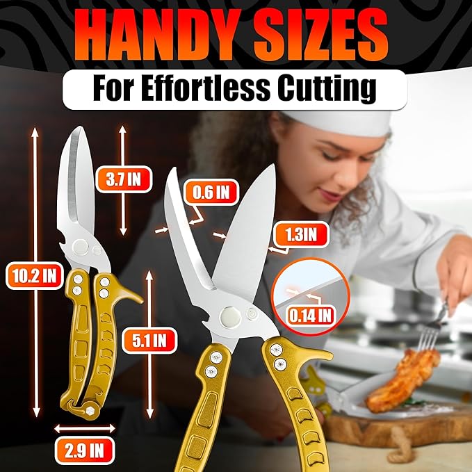 Heavy Duty Poultry Shears – Kitchen Shears Dishwasher Safe, Spring-Loaded, 3Cr14 Steel, Micro-Serrated, Separates for Easy Cleaning | Bone Scissors for Chicken, Turkey, Seafood & Fish Scale (Gold)
