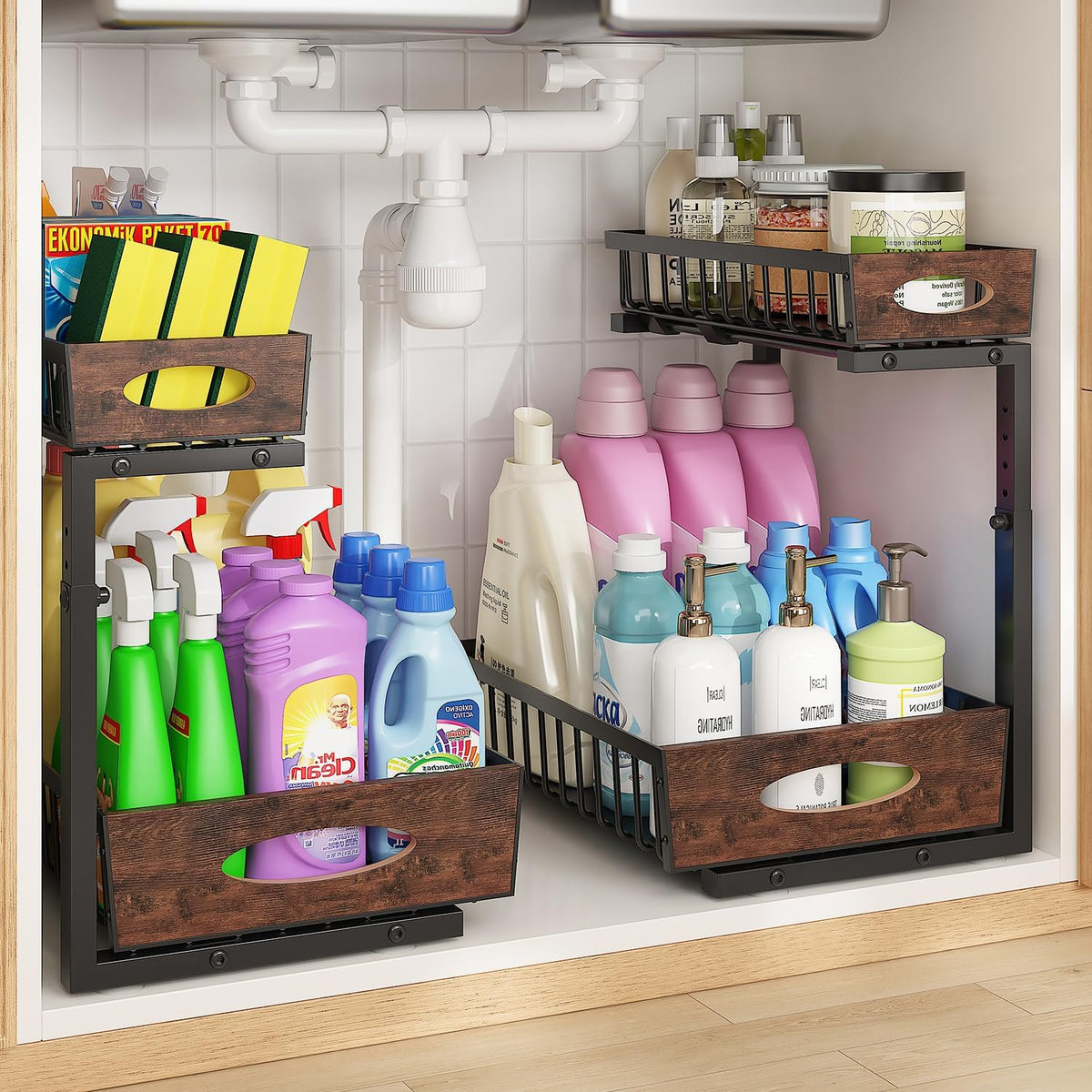 2-Tier Under Sink Organizer with Wooden Drawer Handle, 2 Pack Adjustable Height Pull Out Cabinet Organizer Shelf,Slide out Storage Drawer Rack for Kitchen Bathroom Laundry Room Pantry