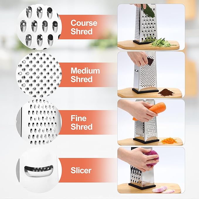Supercenter Cheese Grater, Size 4-Sided Stainless Steel Box Grater, Food Shredder for Cheese, Parmesan, Vegetable, Dishwasher Safe, Black