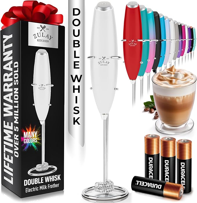 Zulay Kitchen Powerful Milk Frother Wand With Duracell Batteries - Ultra Fast Handheld Drink Mixer - Electric Whisk Foam Maker for Coffee, Lattes, Cappuccino & Matcha - Double Whisk - White