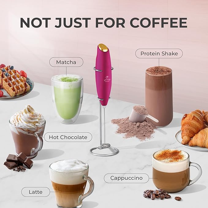 Zulay Kitchen Powerful Milk Frother Wand With Duracell Batteries - Ultra Fast Handheld Drink Mixer - Electric Whisk Foam Maker for Coffee, Lattes, Cappuccino & Matcha - Z1 Motor - Hot Pink Gold