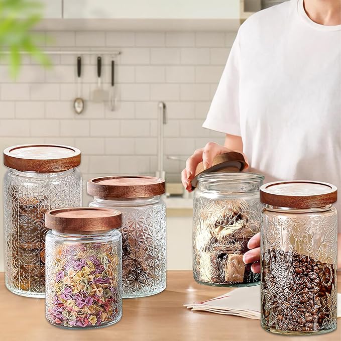 Vintage Glass Jars with Wooden Lids, 2 Pack 24 oz Airtight Glass Food Storage Containers Sets for the Kitchen, Sugar Coffee Candy Spice Cookie Tea Pasta
