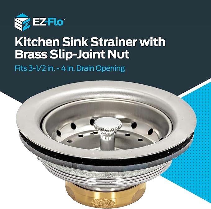 EZ-FLO Kitchen Sink Strainer Fits 3-1/2 Inch Opening, Sink Drain Assembly with Brass Slip-Joint Nut and Fixed-Post Basket, Stainless Steel, 30003