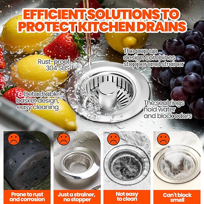 Kitchen Sink Drain Strainer & Sink Stopper, Upgraded 3 in 1 Stainless Steel Drain Plug Combo with Anti-Clog Basket, Pop Up Drain Cover for Standard 3-1/2'', Fits Double Bowl Kitchen Sinks