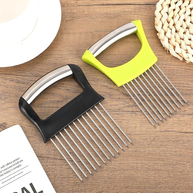 2pcs Onion Holder for Slicing, 2 Styles Stainless Steel Tomato and Potato Slicer Versatile Food Slice Holder Home Kitchen Tool for Meat Onion Tomato Potato