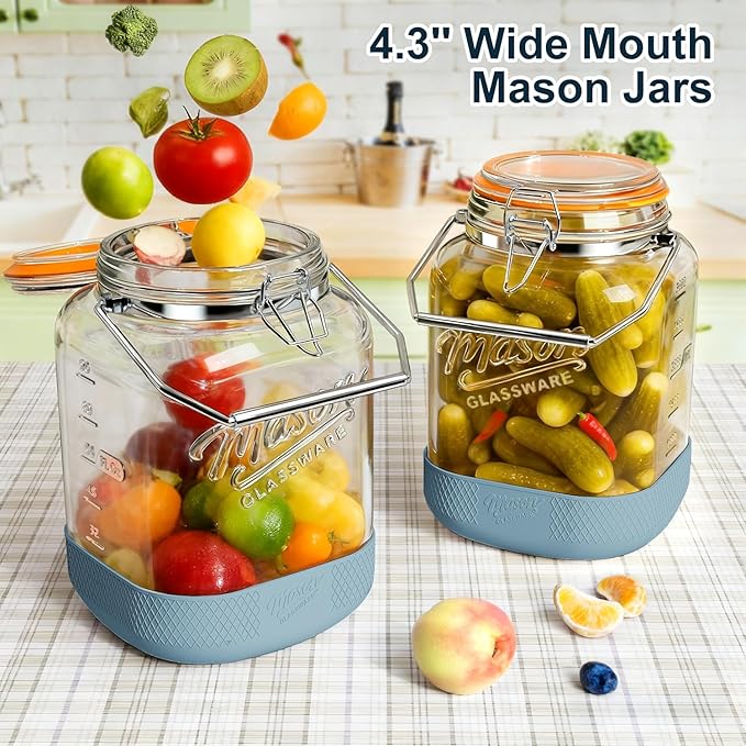 2 Pack Square 1 Gallon Glass Jar with Airtight Lid, Large Mason Jars Wide Mouth 128 Oz with Scale Marks & Handle, Glass Storage Containers with Anti-slip Base for Flour, Oat, Wheat, Cookie Jar