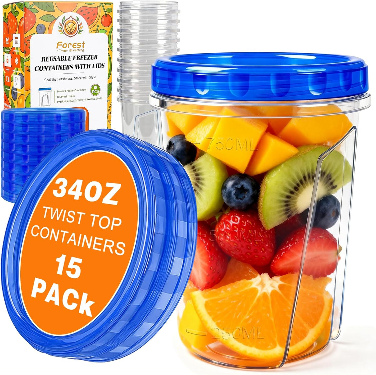 15 Pack 34oz Soup Freezer Storage Containers with Twist Lids for Meal Prep