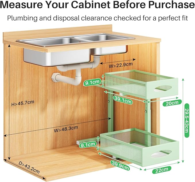 Under Sink Organizer, 2 Tier Pull out Cabinet Organizer Baskets with Mesh Sliding Drawers, Slide out Storage Shelf for Home, Kitchen, Bathroom, Pantry, Office Cabinet(1 Pack, Green)