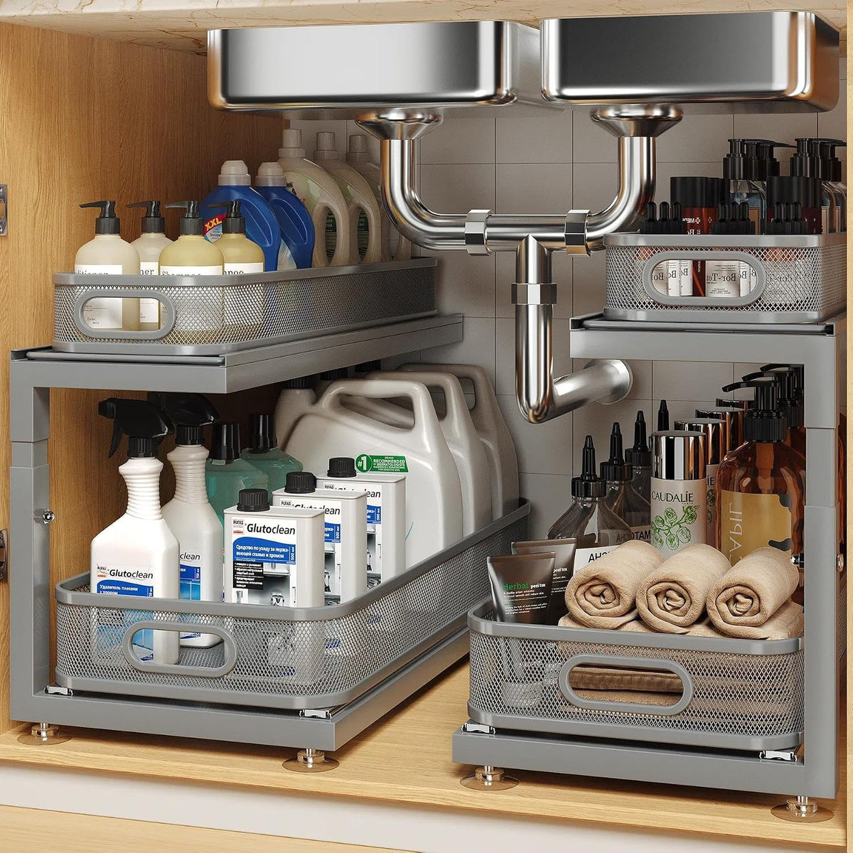 2-Pack 21.3 IN Depth Under Sink Organizer With Next-Gen Ball-Bearing Slides,Sophisticated Mesh 2-Tier Pull Out Shelf for Kitchen & Bathroom,Fits Small Items-Gun Gray