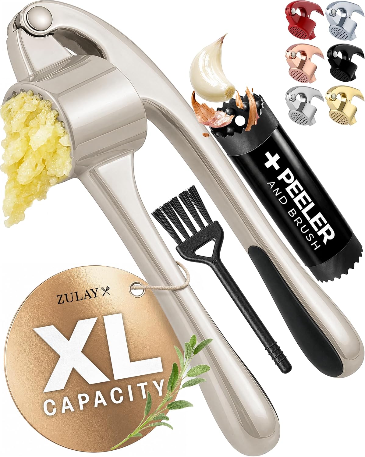 Metal Large Garlic Press, Garlic Mincer, Peeler-Brush, Silver