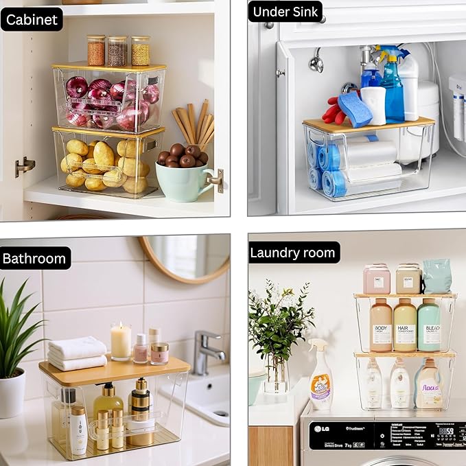 2 Set Pantry organizers and Storage,Trash Bag Holder Under sink Organizer for 4-13 Gal Bags,Trash Bag Dispenser with Bamboo Lids and Stackable Clear Bins for Potato, Onion, Garlic, Fruit, Vegetables