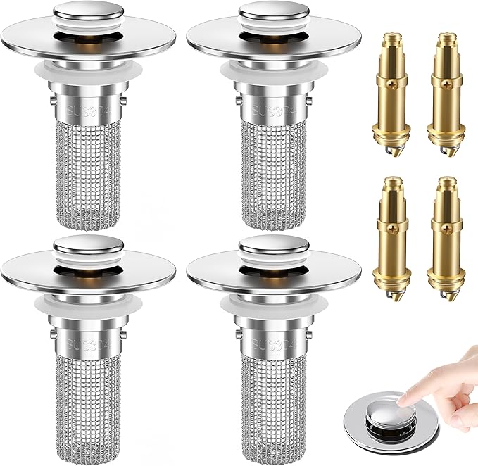 Bathroom Sink Drain Strainer, Pop-Up Bathroom Sink Stopper with Removable Stainless Steel Hair Catcher Basket, Universal Fit for US Bathroom Sinks, Showers & Floor Drains (4pcs)