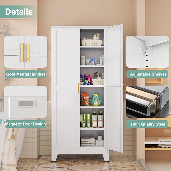 Metal Pantry Cabinet with 2 Doors and 5 Adjustable Shelves, 75"Kitchen Storage cabinets with Gold Handles, Versatile Storage for Laundry Room, Living Room, Bathroom, Dinning Room, Utility Room-White