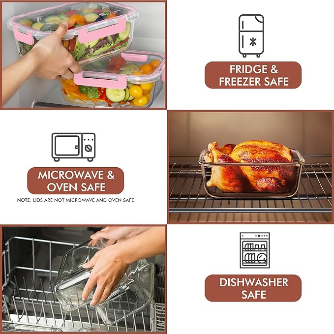 Razab 2 Pcs 1860ml / 63 Oz Large Glass Food Storage Containers with Lids - Glass Meal Prep Containers with Locking Lids for Roasting, Storing Leftover, Lunch Container, BPA Free, Microwave & Oven Safe