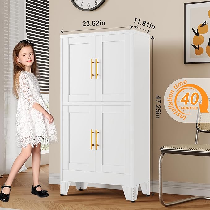 GAIOUS 47.25" Metal Pantry Cabinet, Storage Cabinets with 4 Door and 2 Adjustable Shelves, White Bathroom Cabinet, Freestanding Cupboard for Kitchen Dining Living Room Bathroom