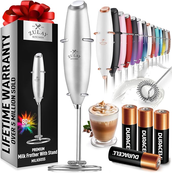Zulay Kitchen Powerful Milk Frother Wand With Duracell Batteries - Ultra Fast Handheld Drink Mixer - Electric Whisk Foam Maker for Coffee, Lattes, Cappuccino & Matcha - Z1 Motor - Premium Silver