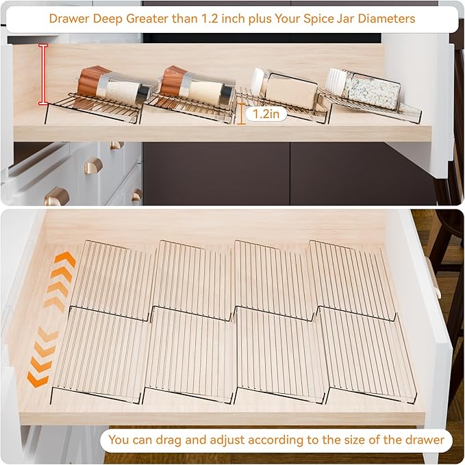 Yieach 4 Pack Adjustable Narrow Spice Rack for Drawer - Expandable From 9" to 17.7" - Acrylic Drawer Seasoning Organizer,Tiered Clear Spice Tray for Spices,Condiment,Nail Polish and Jar Organization