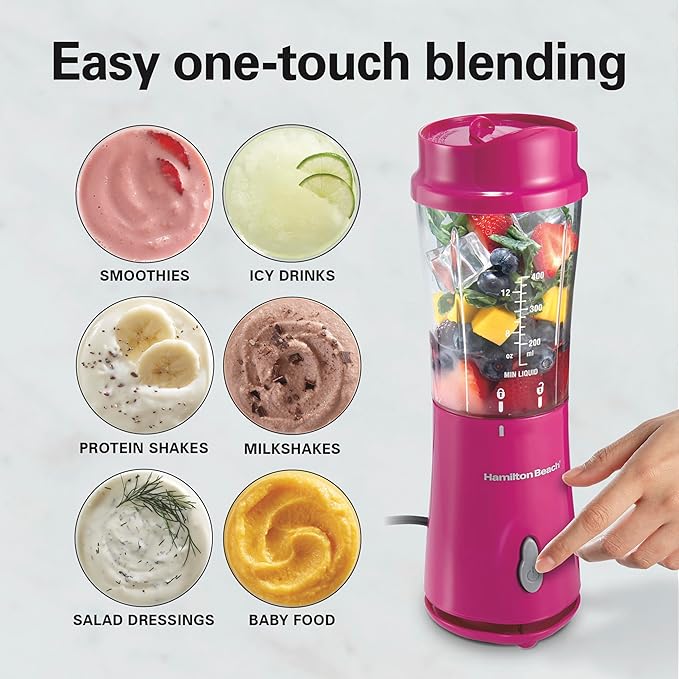 Hamilton Beach Portable Blender for Shakes and Smoothies, 14 Oz BPA Free Travel Cup & Lid, Durable Stainless Steel Blades, Personal Smoothie Blender, Raspberry, 51131G (Pack of 4)